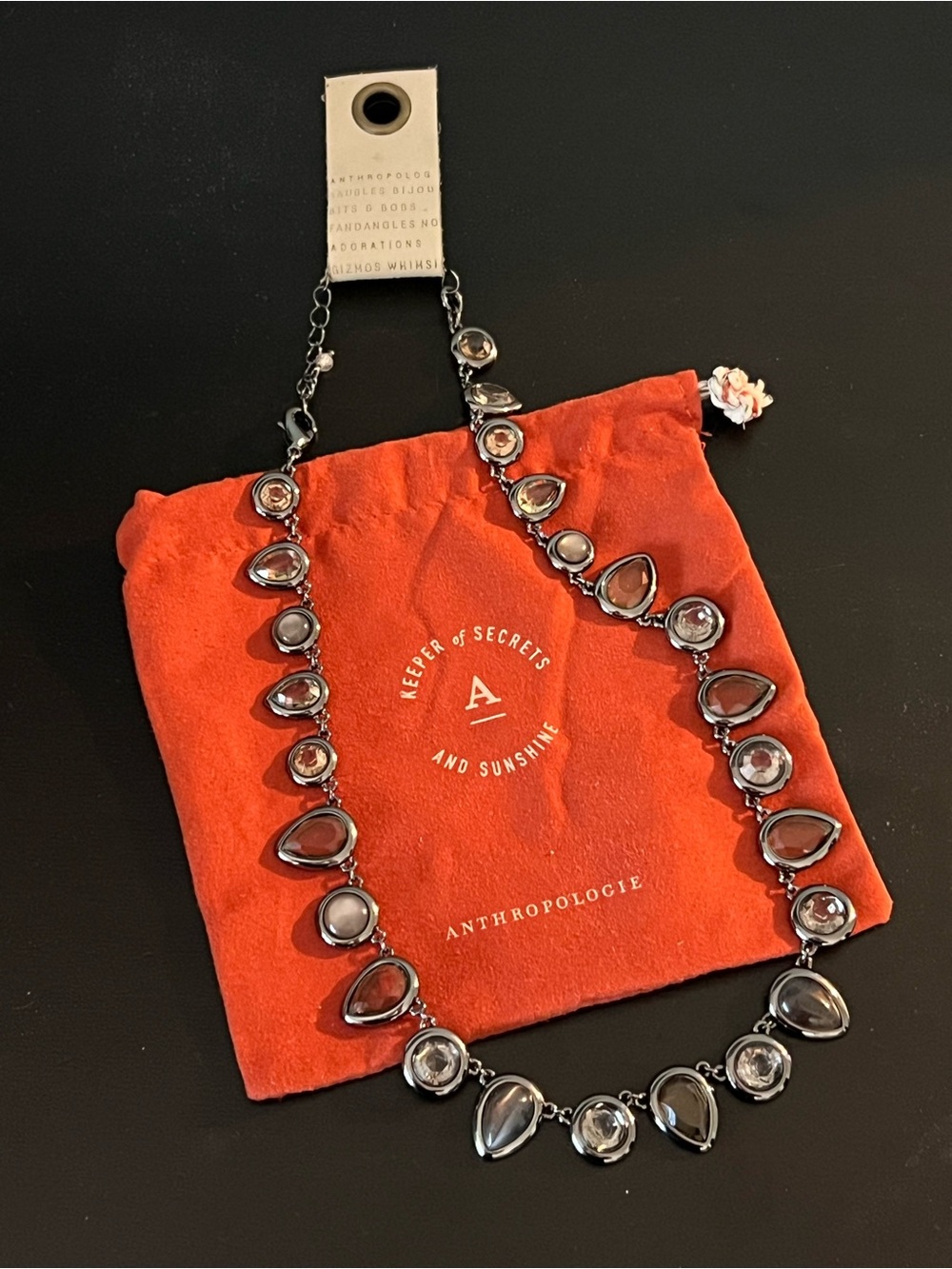 Anthropologie Gunmetal Teardrop & Round Clear Stone Necklace